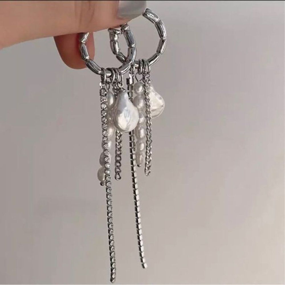 Silver Pearl Tassel Drop Earrings